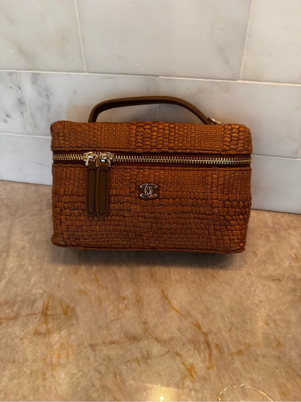 CC Woven Raffia Vanity Pouch with Top Handle